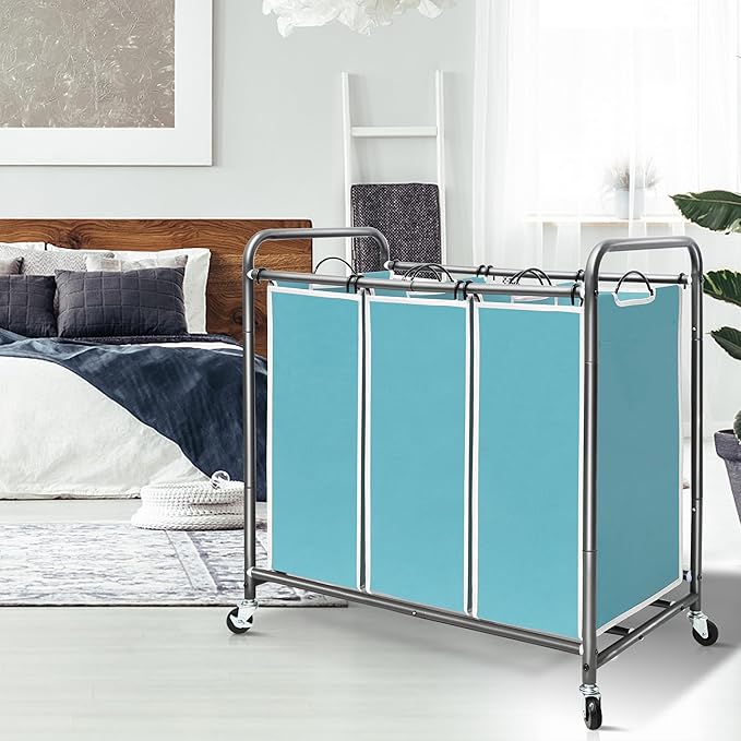 STORAGE MANIAC 3 Section Laundry Sorter, 35.9 Gal (136 L) Laundry Hamper Cart with Heavy Duty Rolling Lockable Wheels and Removable Bags, Clothes Organizer Basket Clothes Separator Hamper, Blue