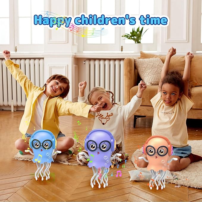 Kids Toy Dancing Jellyfish, Interactive Crawling Jellyfish Bump and Go Toy with Music & Lights, Sensory Tummy Time Toys for Toddlers 3-12 Years, Kids Birthday Easter Gifts for Boys Grils