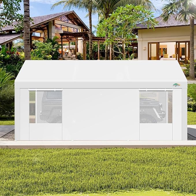 COBIZI Carport 10x20ft Heavy Duty Portable Garage, 2.0 Powder Coated Frame(Better Than Galvanized), Waterproof Shelter with Removable Sidewalls & Windows, Built-in Sandbags, for Car/Boat/SUV, White