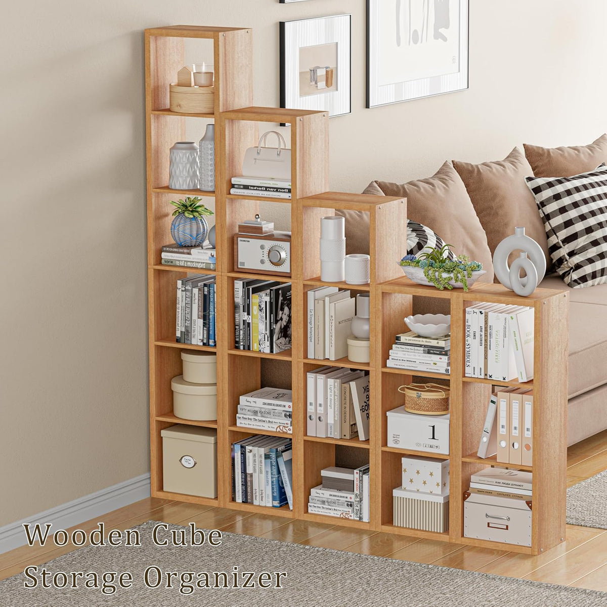 Tall Cube Storage Organizer Bookcase, 6 Tier 11 inch Open Back Cubical Shelf with Thickened Border, Display Bookshelf for Living Room, Home Office, Sturdy Room (Natural Oak, 6 Cube,Vertical)
