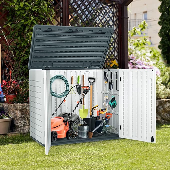 YITAHOME Outdoor Horizontal Storage Sheds w/o Shelf, 35 Cu Ft Lockable Resin Waterproof Shed, Ideal for Garden Tools, Easy to Assemble, Light Gray