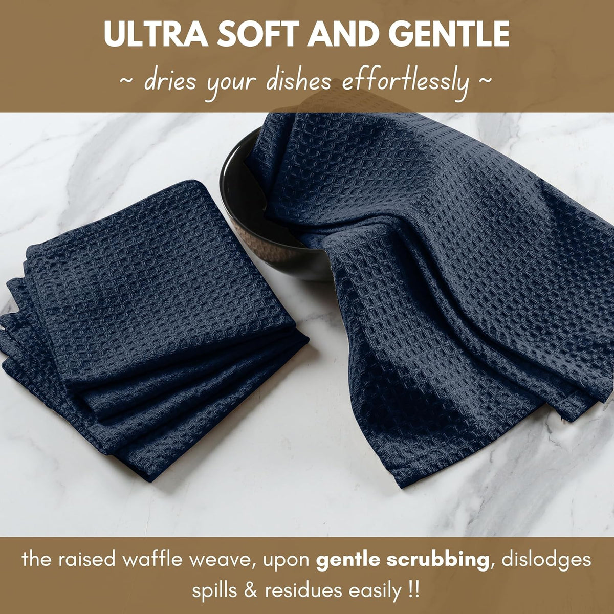 Native Fab Cotton Kitchen Towel with Hanging Loop 16x26 inches, 12-Pack, Waffle Weave Kitchen Towels for Cleaning Drying, Washcloths Soft & Absorbent Cloth Rags, Bar Towel, Dish Cloth, Navy