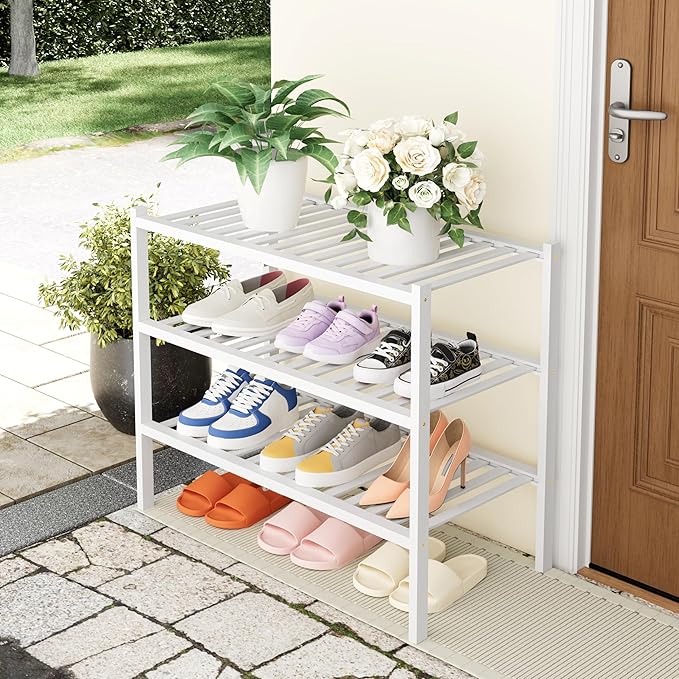 Smiry Shoe Rack, 3 Tier Thick Bamboo Shoe Organizer, Stackable Free Standing Wooden Shoe Storage Shelf for Closet, Entryway, Front Door Entrance, White