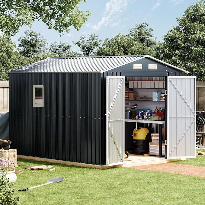 Breezz 10X8FT Outdoor Steel Storage Shed with Clear Window, Lockable Doors, Frame Floor,Weather-Resistant Metal Tool Shed for Garden, Backyard, Patio, and Utility Storage
