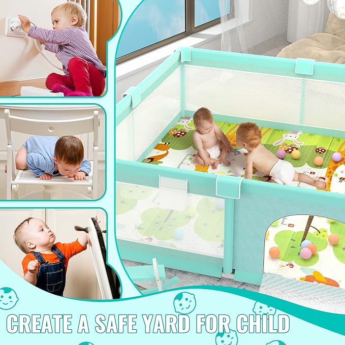 LUTIKIANG 79" x 71" Baby Playpen with Mat, Play Yard for Babies and Toddlers, Indoor/Outdoor Gate, Large Play Pen for Safety, Playtime, and Fun (Green)