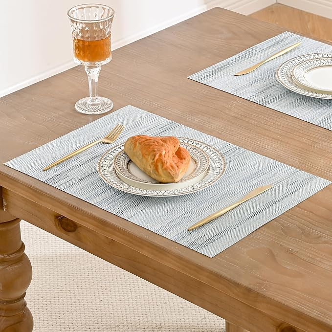 Leetaltree LightSteel Blue Placemats Set of 12 - Heat Resistant Non-Slip Place mats for Dining Table, Washable Durable PVC Vinyl Woven Table Mats(LightSteel Blue, 12)