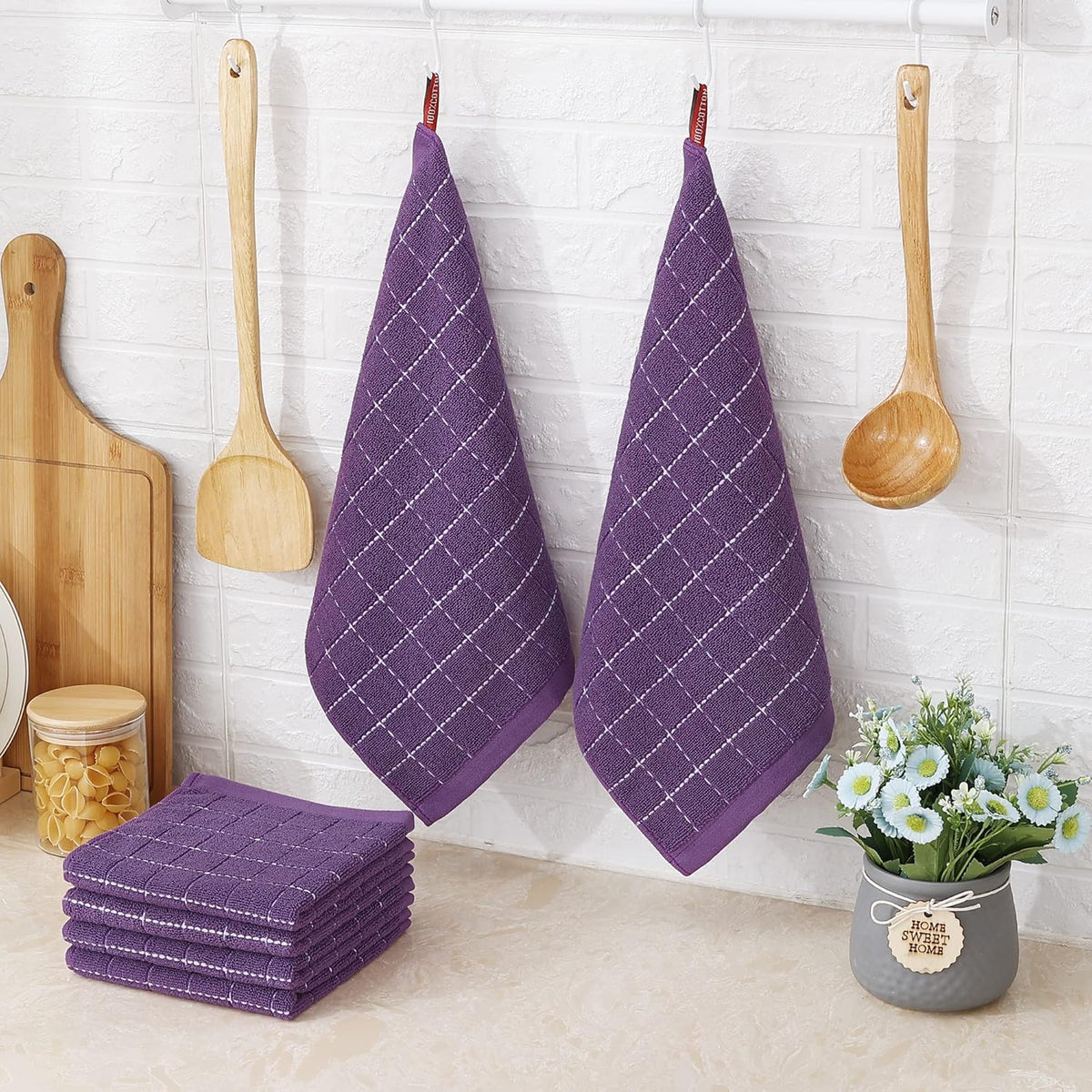 Homaxy 100% Cotton Terry Kitchen Dish Cloths, Ultra Soft and Absorbent Dish Towels for Kitchen, Suitable for Drying and Washing Dishes, 6 Pack, 12 x 12 Inches, Purple