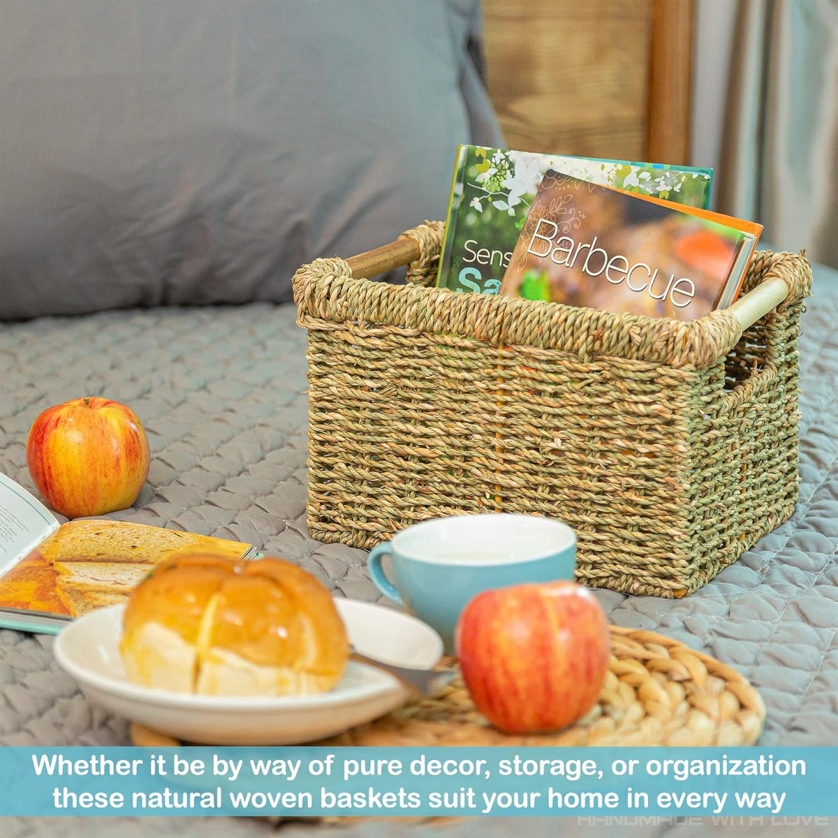 Small Wicker Baskets for Organizing Bathroom, Seagrass Baskets for Storage, Wicker Storage Basket with Wooden Handle, Decorative Small Organizing Basket 10.3 x 7.7 x 6.3 inches - 3 Pack