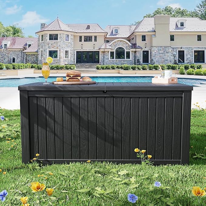 Outdoor Storage Box 180GAL Waterproof Resin Deck Box,UV-Resistant Lockable Package Delivery Bin for Garden Tools,Large Patio Outside Cushions,Pool Accessories Supplies,Chest,Furniture,Black