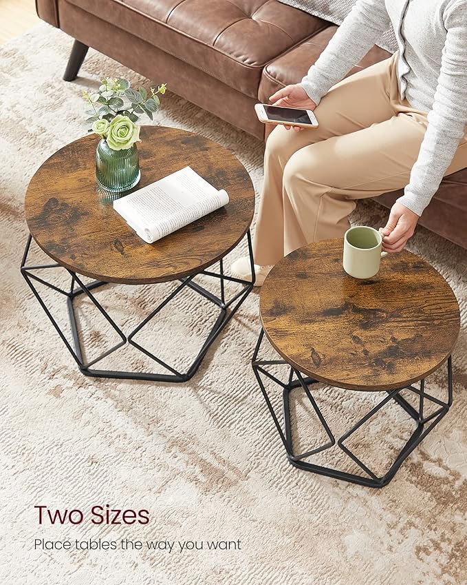 VASAGLE Small Coffee Table Set of 2, Round Coffee Table with Steel Frame, Side End Table for Living Room, Bedroom, Office, Rustic Brown and Ink Black