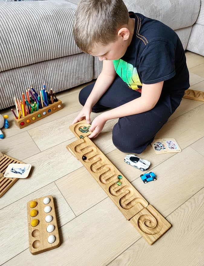 Marble Run Track Race Machine Personalized Wooden Maze Board Ball Run Course Gift for Kids Run Race Winding Track Roller (Set of 2)