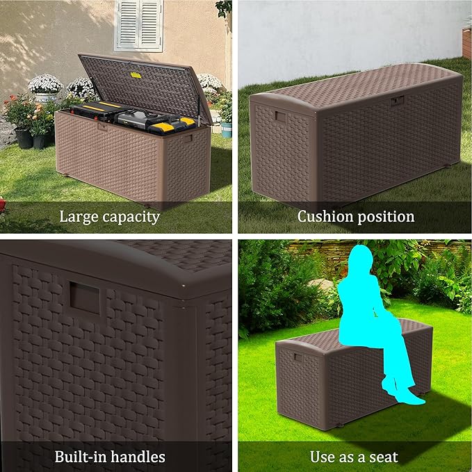 Outdoor Storage Deck Box Waterproof, 180 Gal Pro Large Lockable Patio Storage Bin Chest, Resin Outside Container Seat Bench for Furniture Cushions, Pool Accessories, Garden Tools & Delivery, Brown