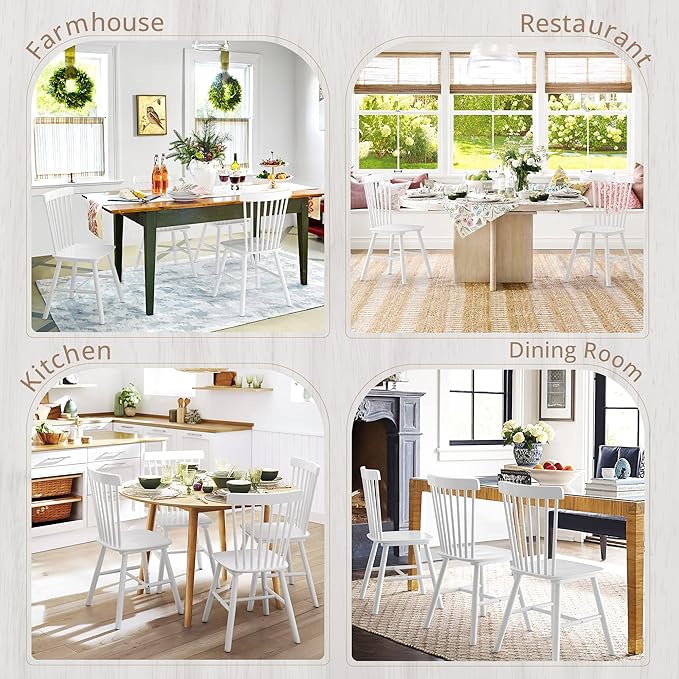LUE BONA Windsor Dining Chair, Dining Chairs Set of 8, Spindle Back Wood Kitchen Chairs Wooden Dining Chair, Farmhouse Dining Chairs for Kitchen and Dining Room, White