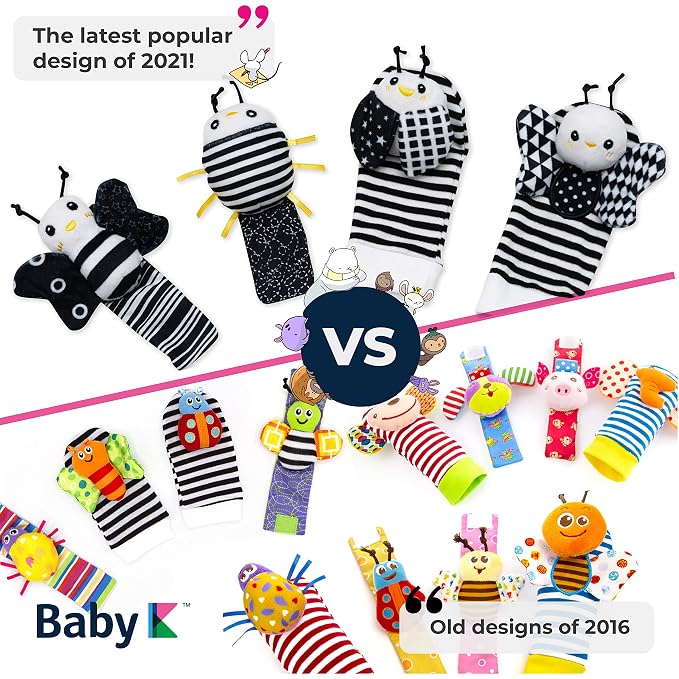 BABY K Baby Rattle Socks & Wrist Toys (Set E) - Newborn Toys for Baby Boy or Girl - Brain Development Infant Toys - Hand and Foot Rattles Suitable for 0-6, 6-12 Months Babies - Newborn Baby Gifts
