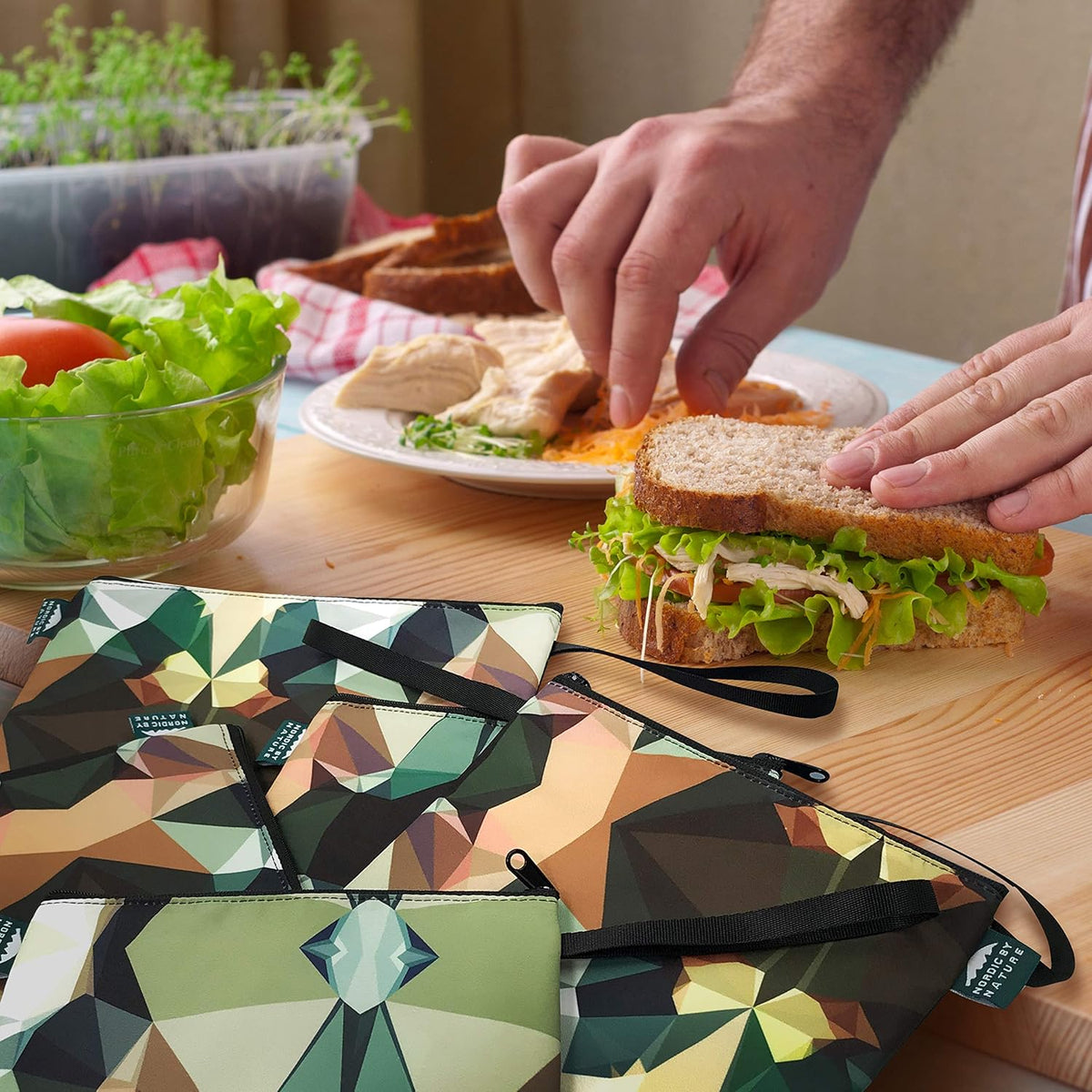 Nordic By Nature-Dual Layer Reusable Sandwich & Snack Bags – BPA-Free, Easy Clean, School Lunch Bags for Kids & Adults (Mosaic Camo)