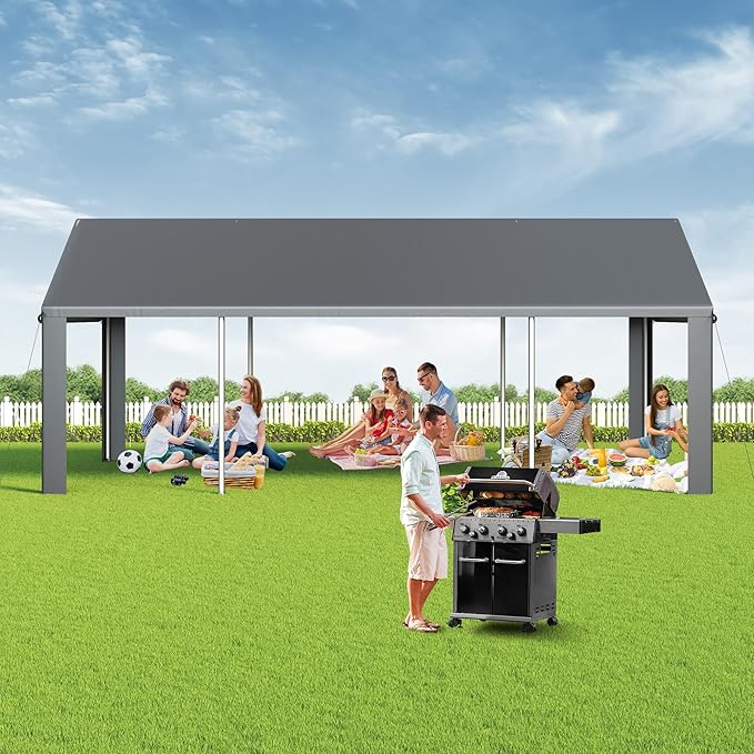 Carport, 13x25 FT Heavy Duty Car Port with Side-Opening Door & Roll-Up Windows, Outdoor Portable Garage Reinforced Four-Hole Base for Car, Truck, Boat, Motorcycle