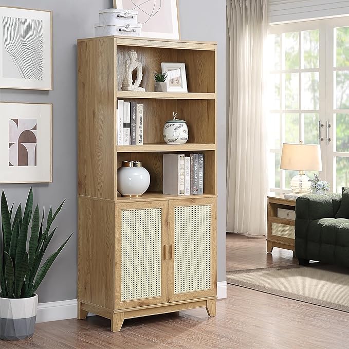 Manhattan Comfort Sheridan Modern Cane Bookcase with Adjustable Open Shelves, Soft Close Doors, and Concealed Compartments, Versatile 3 Tier Bookshelf Storage for Home and Office, Set of 2, Nature