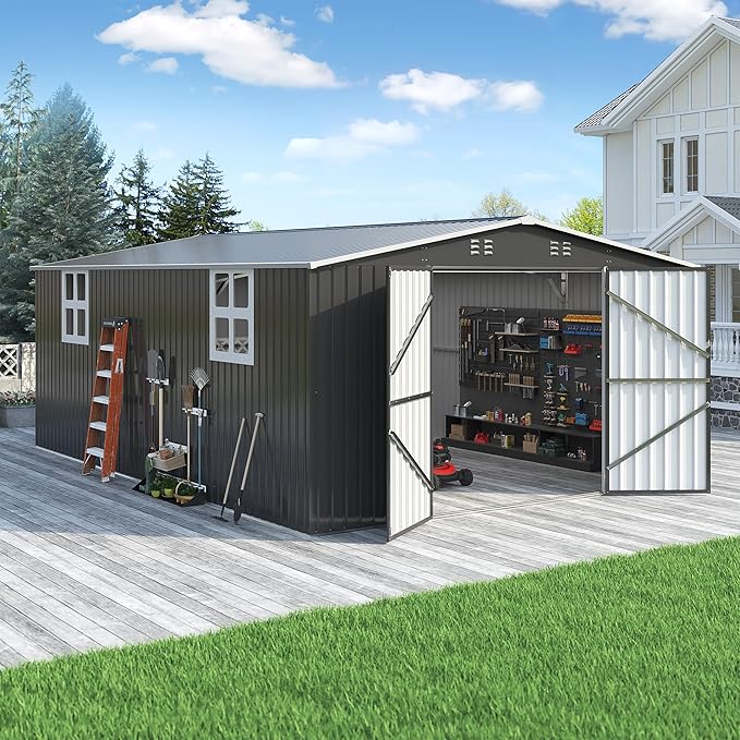 12x18 FT Outdoor Storage Shed, Garden Shed with Updated Frame Structure and Lockable Doors, Metal Tool Sheds for Backyard Garden Patio Lawn,Black