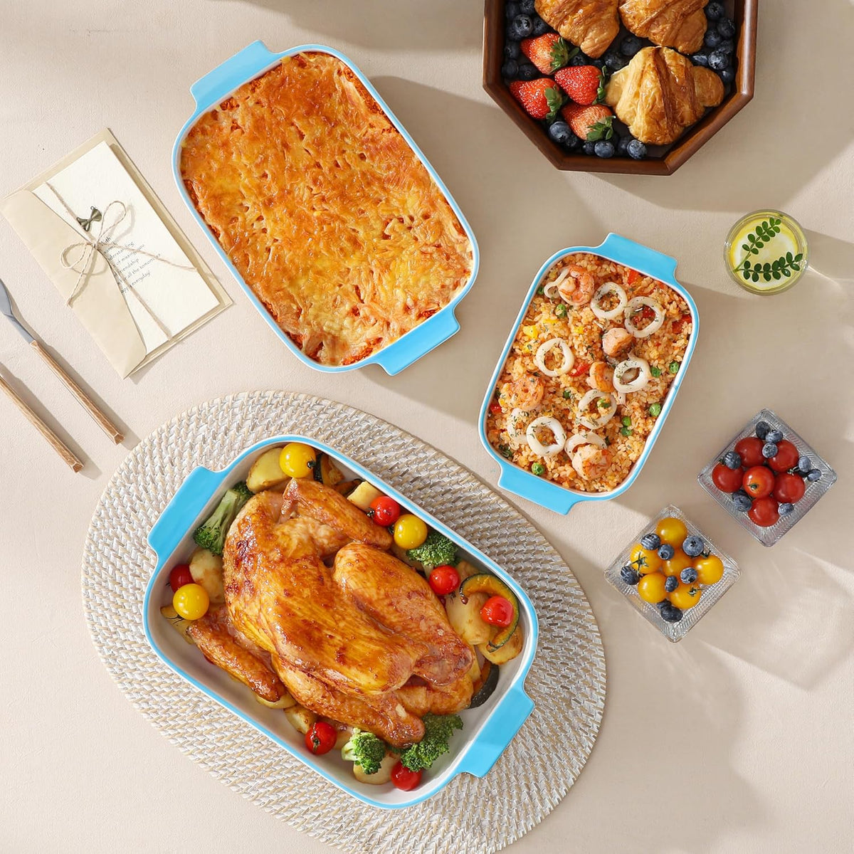 MALACASA Casserole Dishes for Oven, Ceramic Baking Dishes Set of 3, Rectangular Lasagna Pan Deep Baking Pans, Bakeware Sets with Handles Gift Set, White with Blue Trim(13.8''/11.7''/9.4''), Series BAKE