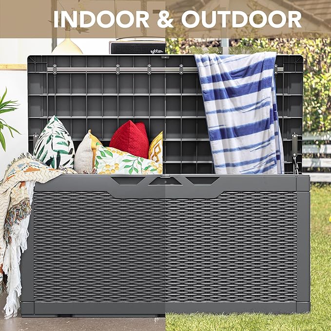Devoko 100 Gallon Waterproof Large Resin Deck Box Indoor Outdoor Lockable Storage Container for Patio Furniture Cushions Garden Tools (100 Gallon, Grey)