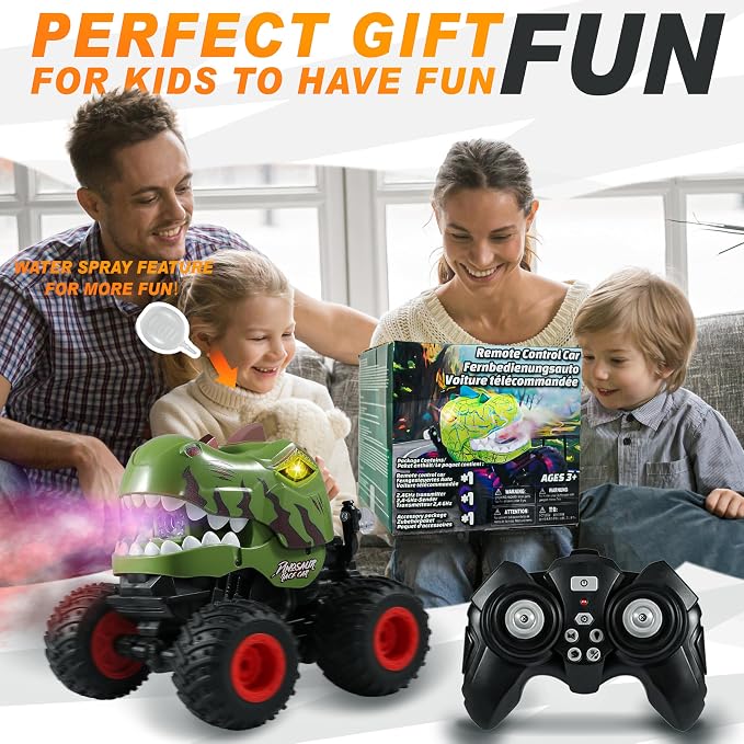 BEZGAR Monster Truck Toys - Remote Control Monster Truck with Spray, Light, Music, Dinosaur Toys for Kids, 1:20 Scale RC Truck with 360° Spins and Drifting, Remote Control Car for Boys 4-7 Camo Green