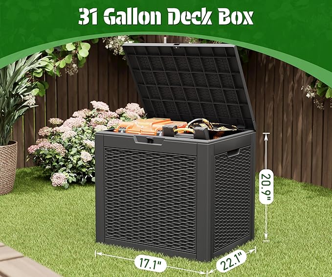 NUNU LAB 31 Gallon Outdoor Storage Box Waterproof,Indoor Outside Deck Boxes,Backyard Storage Bin For Package Delivery,Garden Tools,Patio Cushions,Pool Accessories,Storage Bench Lockable Lid,Tool Box