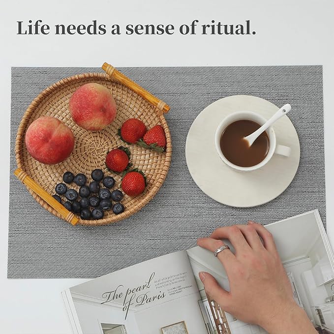 Leetaltree Grey Placemats, Heat Resistant Non-Slip Place mats for Dining Table, Washable Durable PVC Vinyl Woven Table Mats (Set of 6)