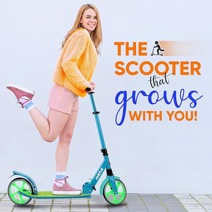 Hurtle Renegade Kick Scooter for Kids, Teenagers & Adults - 2-Wheel Folding Scooter with Adjustable T-Bar Handlebar - Alloy Anti-Slip Deck