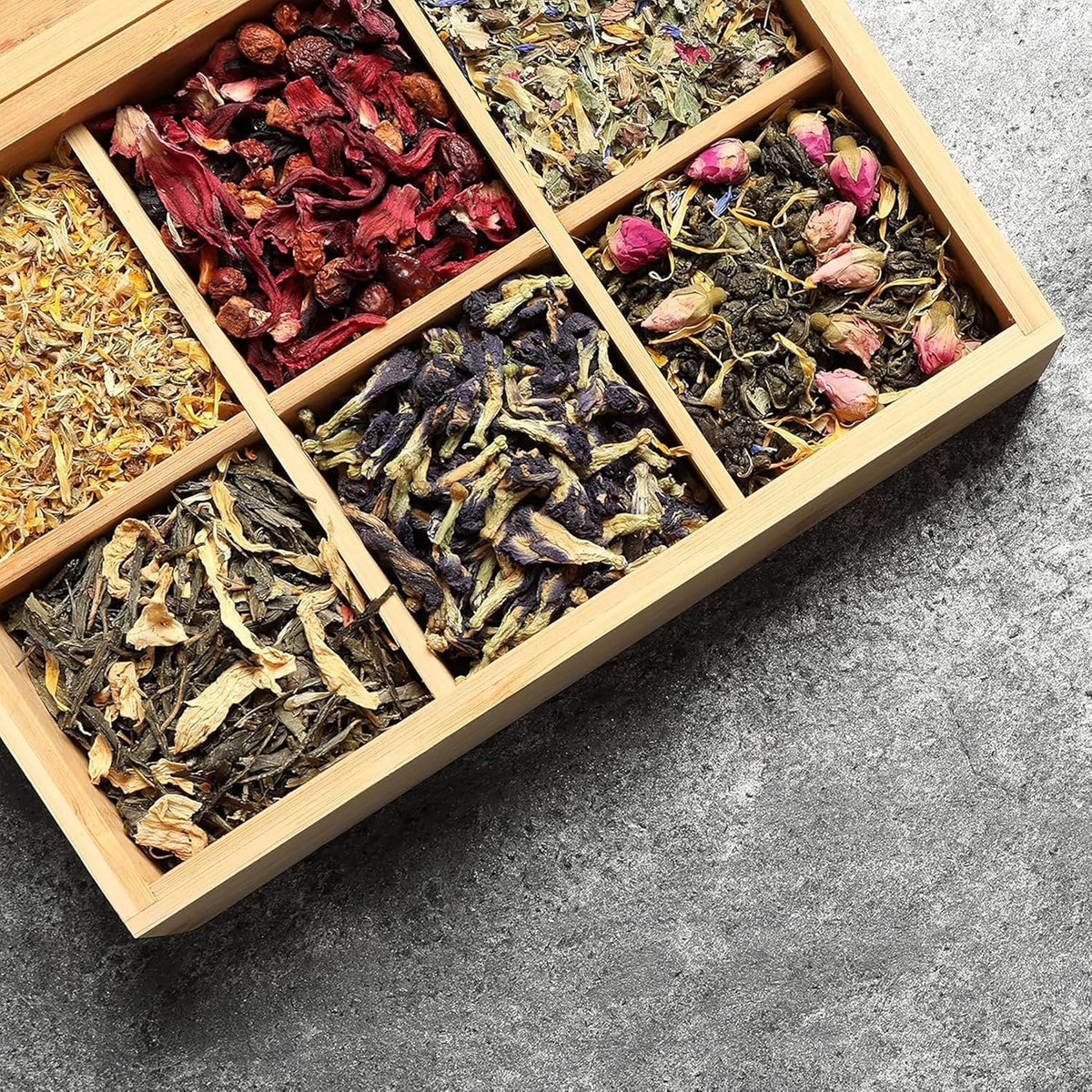 Tea Organizer Box Food Safe Chemical Free Bamboo Wood Storage Chest Big, Tall, Adjustable Cubbies (6-Slot 11" x 8.1" x 4.2" with TEA stamp design)