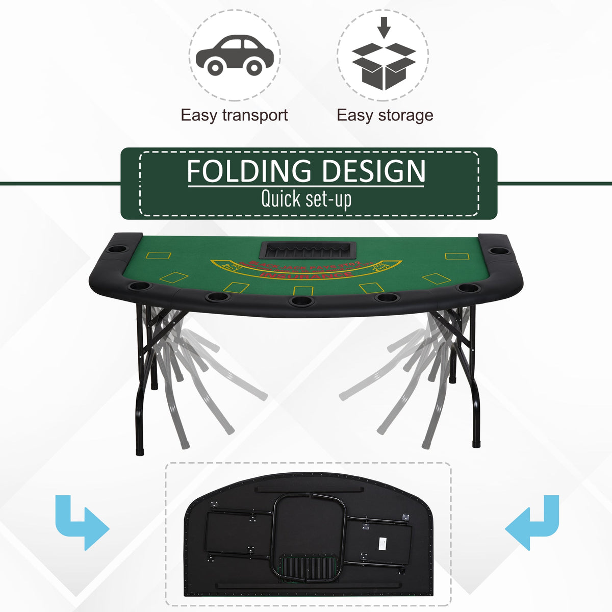 Poker Table Foldable, 72" Blackjack Table for 7 Players with Chip & Cup Holder, Green Felt