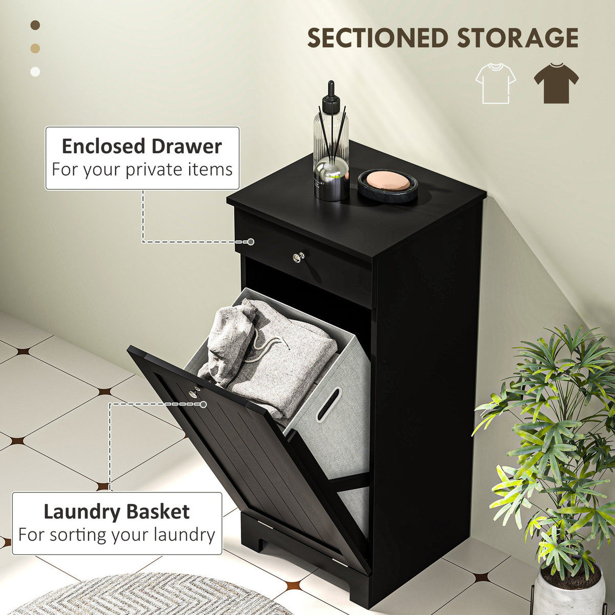 Laundry Hamper Cabinet, Laundry Cabinet with Tilt Out Laundry Basket and Drawer, Black