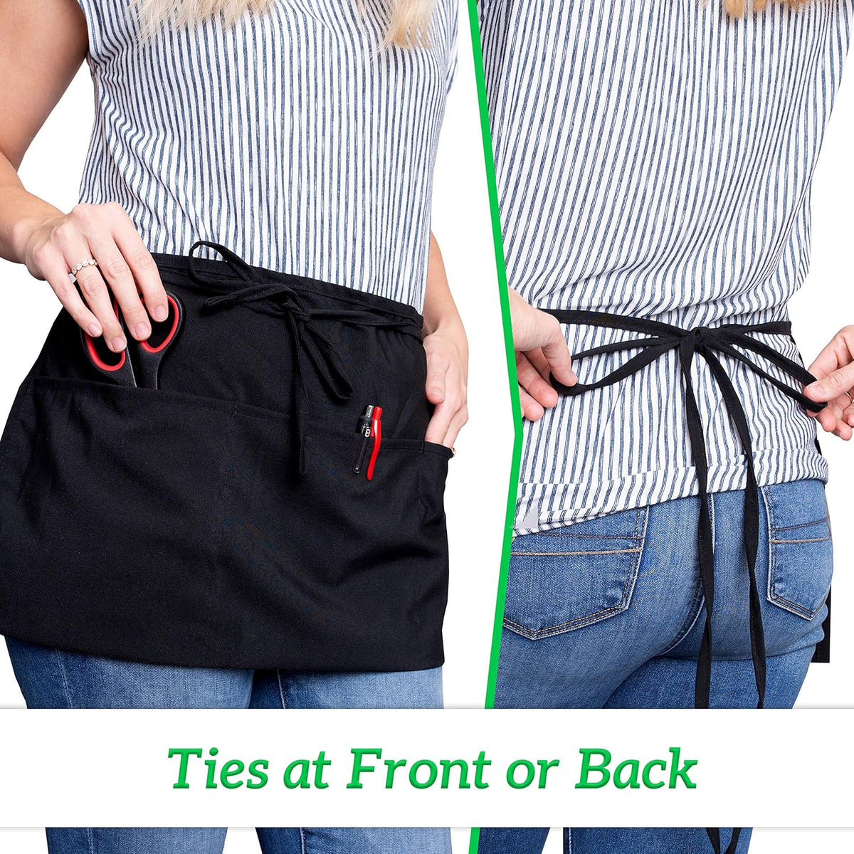 GREEN LIFESTYLE 3 Pack Server Aprons with 3 Pockets - Waist Apron, Waitress Apron for Women and Man, Water Resistant with Long Waist Strap Reinforced Seams, Half Apron (Black)