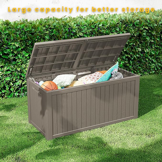 Outdoor Storage Deck Box Waterproof, 200 Gallon Large Lockable Patio Storage Bin Chest, Resin Outside Container Seat Bench for Furniture Cushions, Pool Accessories, Garden Tools & Delivery, Grey