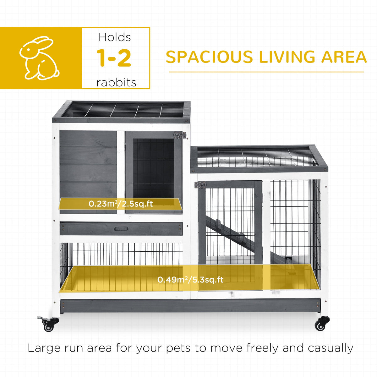 Wooden Rabbit Hutch Elevated Bunny Cage Indoor Small Animal Habitat with Enclosed Run with Wheels, Ramp, Gray