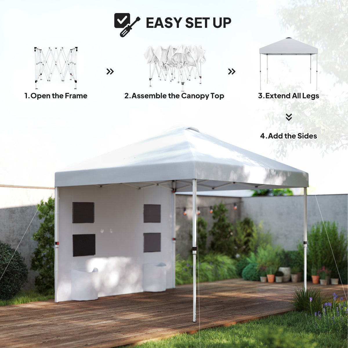 10' x 10' Pop Up Canopy Tent w/ Sidewall, UPF50+ Height Adjustable Instant Sun Shelter w/ Storage Pockets, White