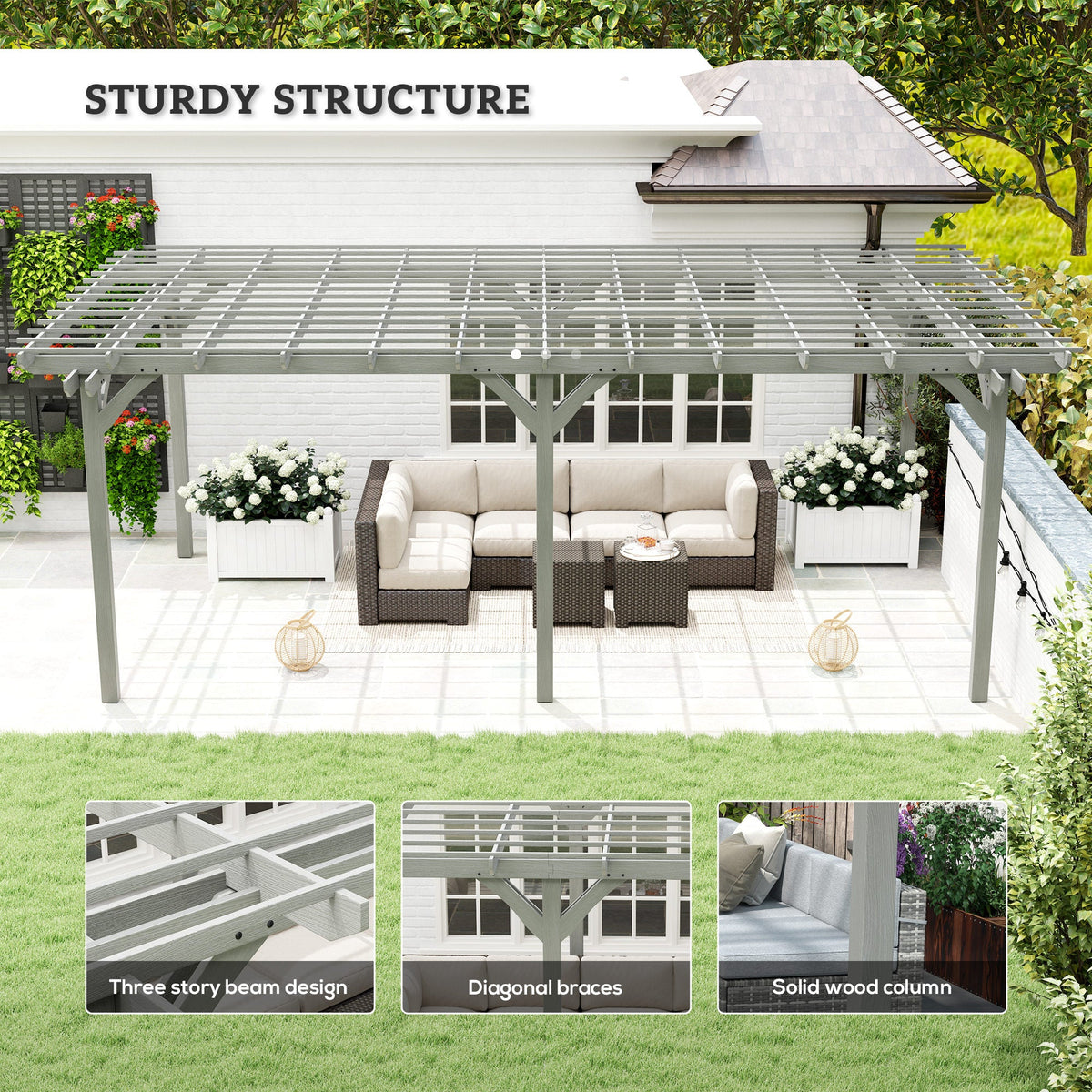 12' x 20' Outdoor Pergola, Wood Gazebo Grape Trellis with Stable Structure for Climbing Plant Support, Gray