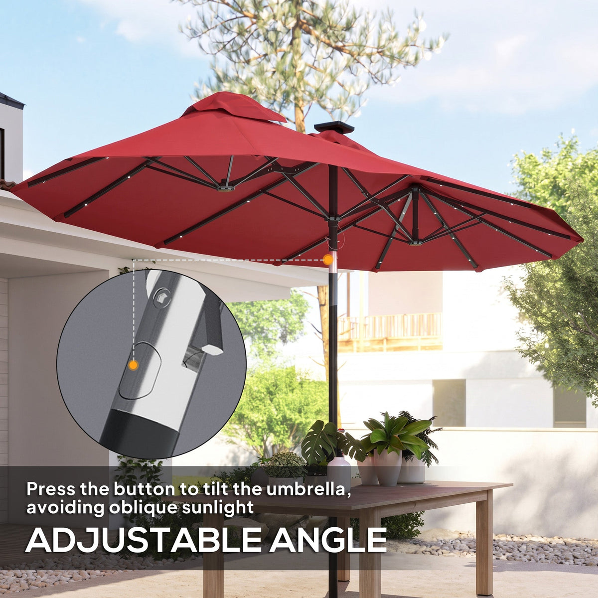 Double-sided Patio Umbrella, 9.7' Outdoor Umbrella with Tilt and Crank, LED Solar Light and 12 Ribs, Red