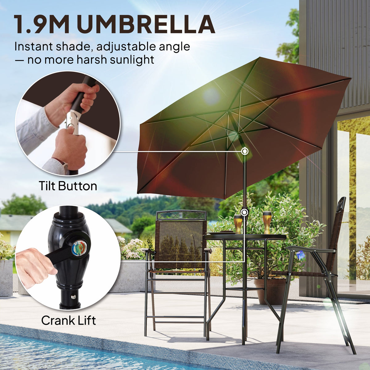 4 Piece Outdoor Bar Set with Umbrella, Patio Dining Set with 2 Folding Chairs, Wave Textured Tempered Glass Table, Brown