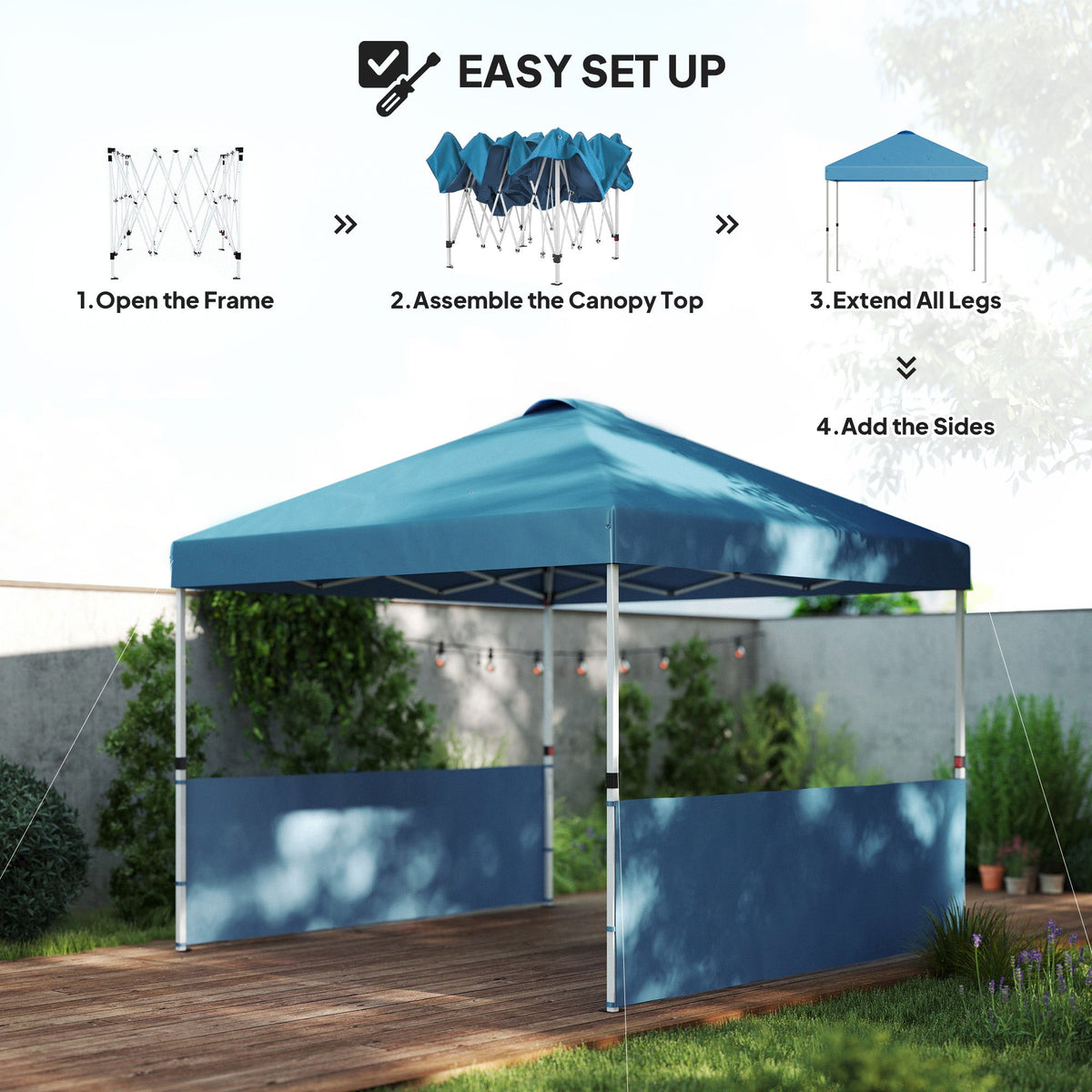 10' x 10' Pop Up Canopy Tent with 2 Half Sidewalls, UV50+ Instant Sun Shelter with Wheeled Carry Bag, Sea Blue