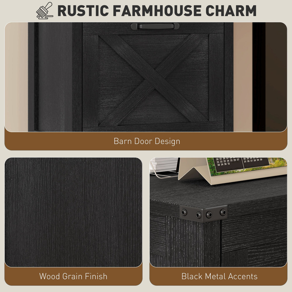 Vertical File Cabinet with 3 Drawers, Rustic Farmhouse Office Storage Cabinet for A4, Letter Size, Distressed Black