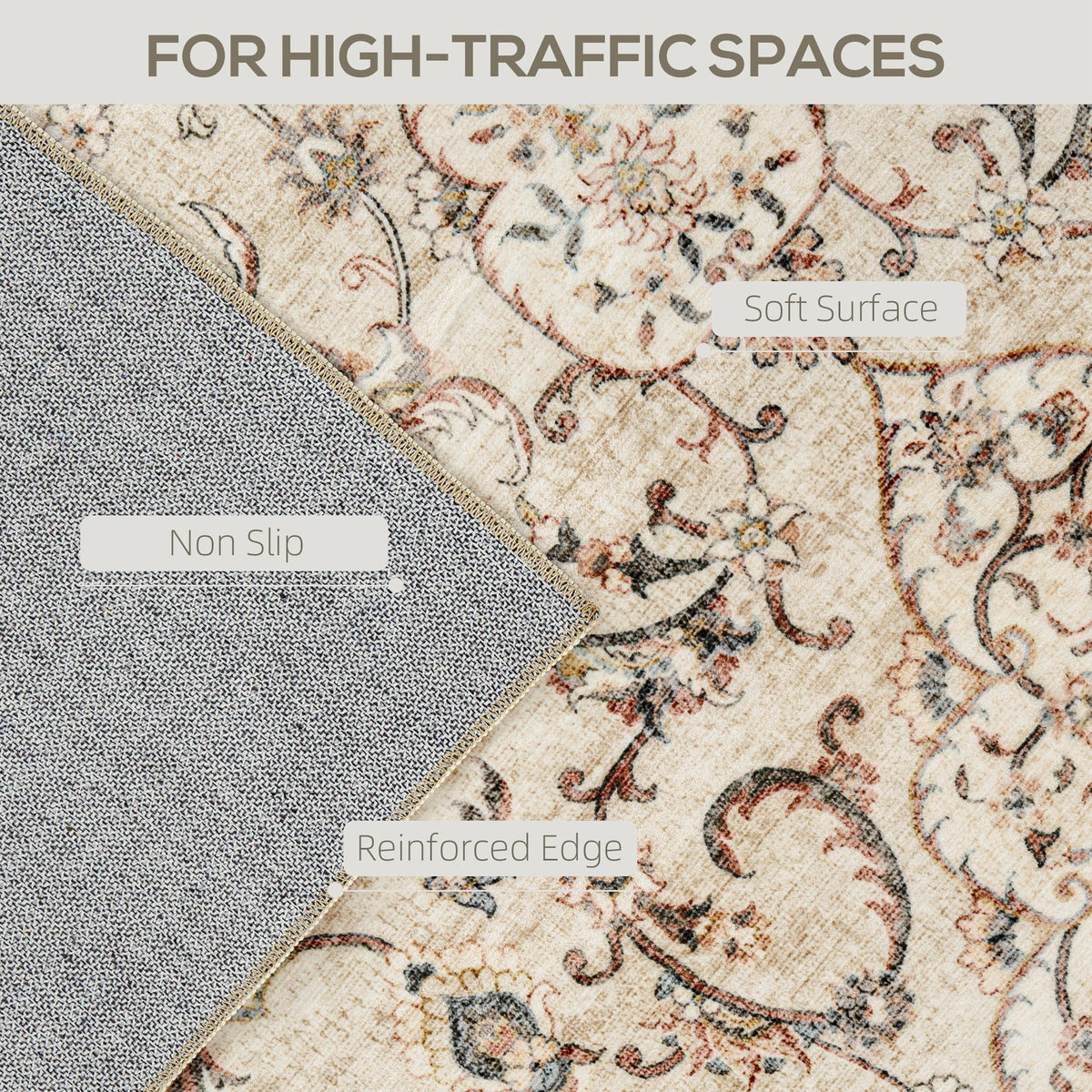 Area Rug 5x7, Machine Washable Rug, Non-Slip Classical Floral Print Floor Carpet for Living Room, Bedroom, Mixed-Brown