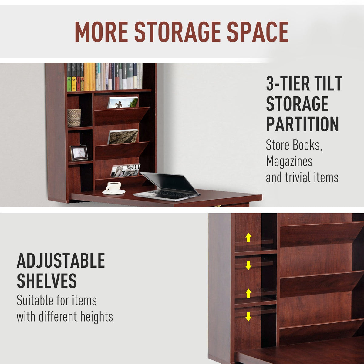 Wall Mounted Desk, Fold Out Convertible Desk, Multi-Function Computer Table Floating Desk with Shelves for Home Office, Mahogany
