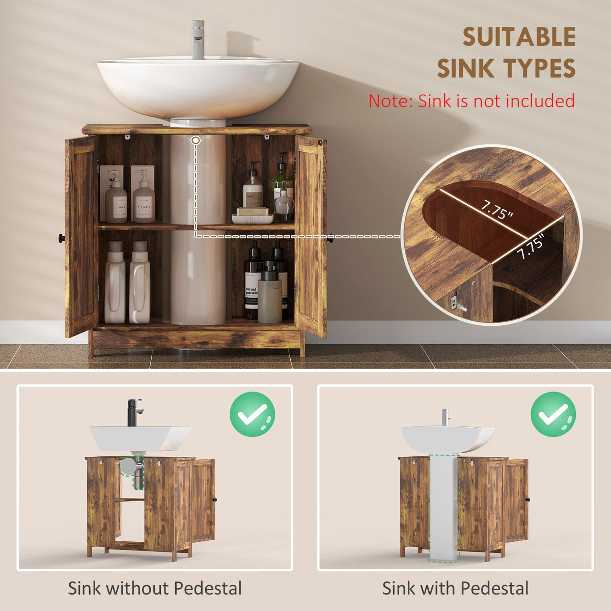 Bathroom Vanity Cabinet, Under Sink Bathroom Cabinet with 2 Doors and Adjustable Shelf, Rustic Brown