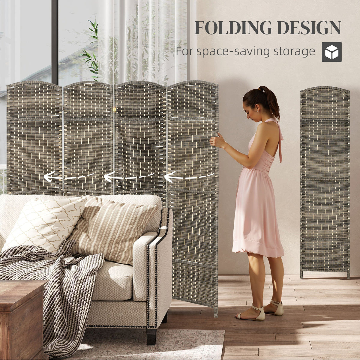 Folding Room Divider Screen 4 Panel 6' Tall Privacy Screen Freestanding Wood Partition for Home Office, Dark Rustic Oak