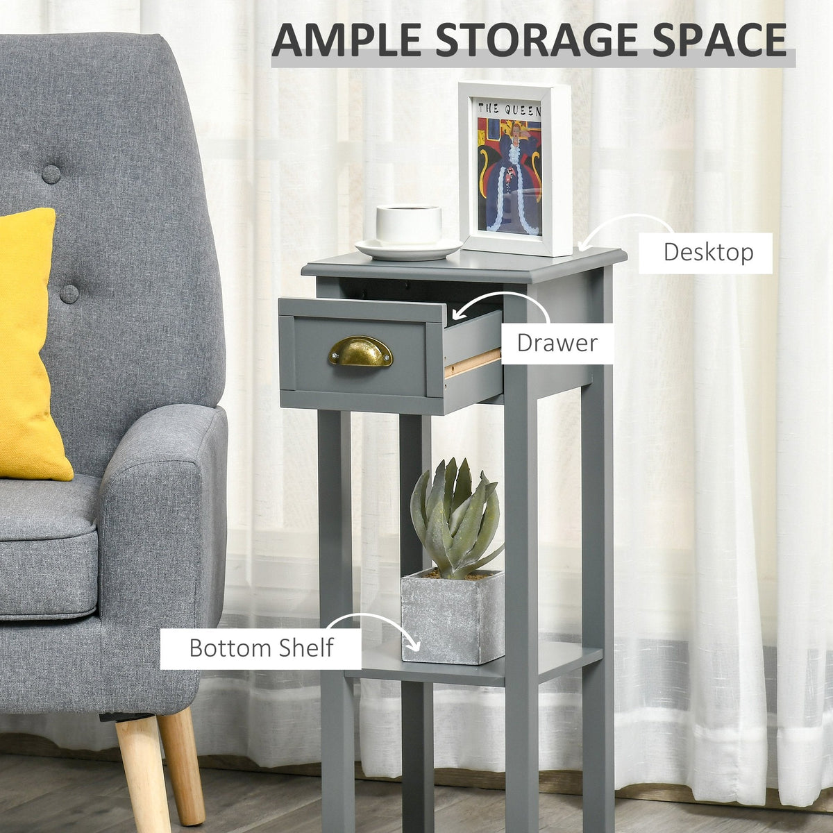 2-Tier Tall Side Table, Nightstand End Table w/ Drawer & Bottom Shelf for Living Room, Bedroom, Gray