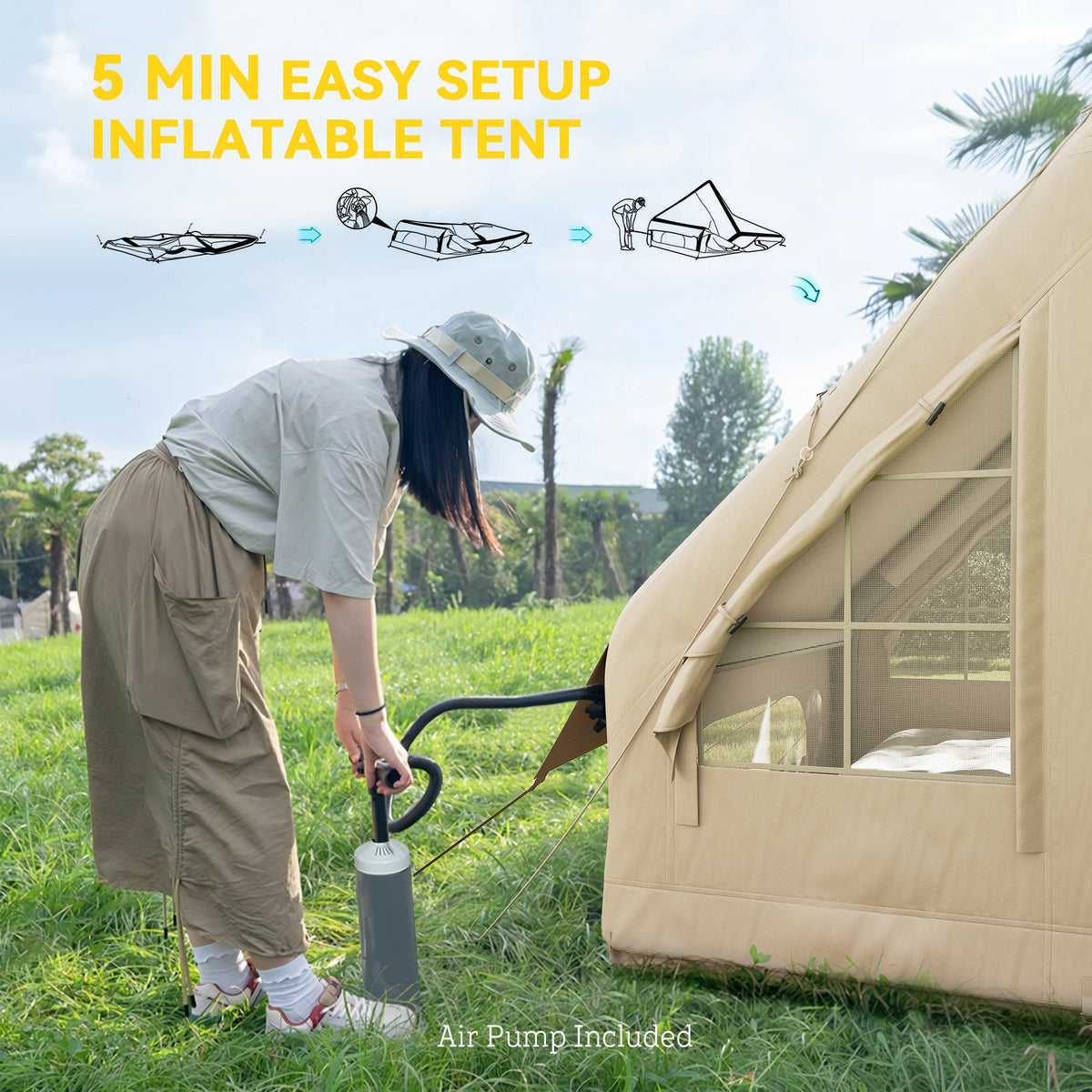 Inflatable Camping Tent with Hand Pump, 4 Season Blow Up Tent, Waterproof and Windproof with Mesh Windows and Doors