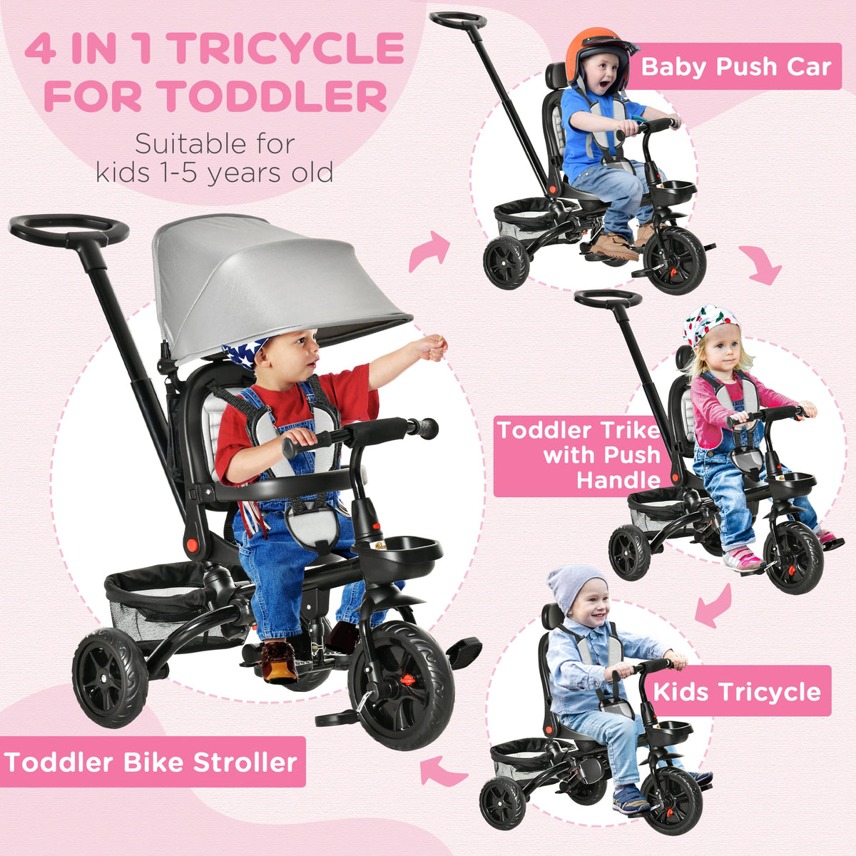 Kids Tricycle, 5 in 1 Foldable Trike with Reversible Seat, Adjustable Parent Handle, Safety Harness, Wheel Brakes, Gray