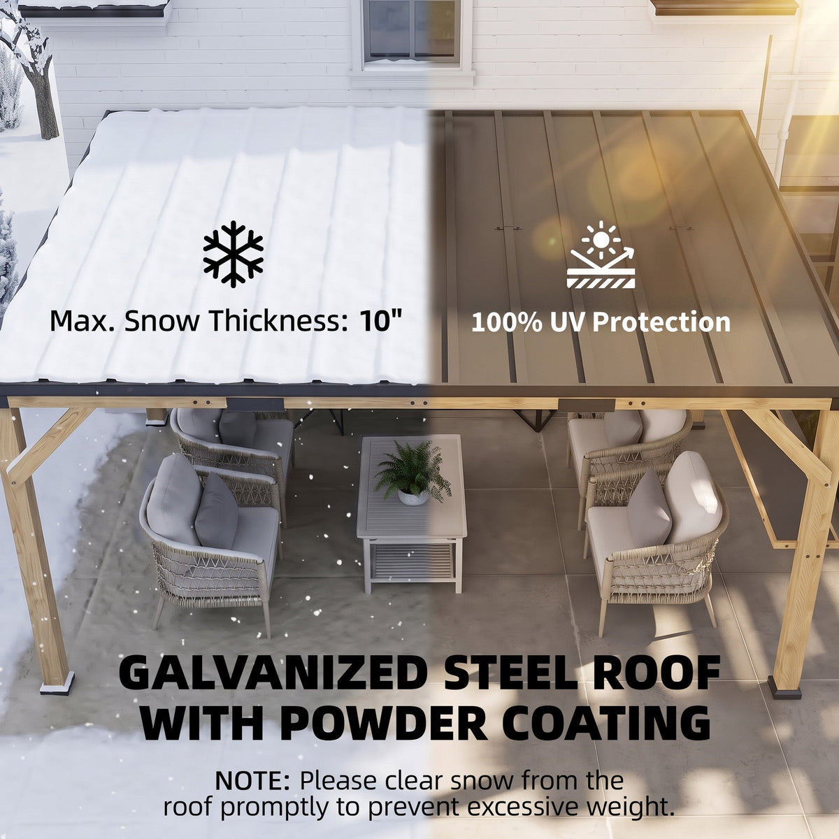 10' x 14' Wooden Gazebo, Hardtop Lean-to Gazebo Pergola with Galvanized Steel Sloped Roof, Bar Shelf, Natural Wood