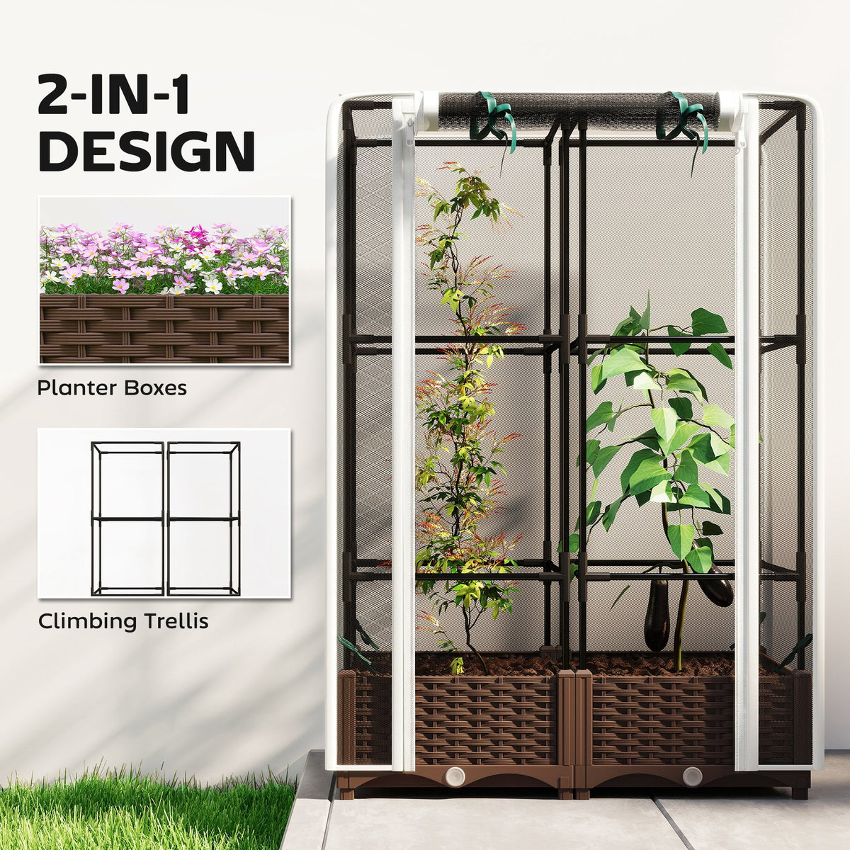 Raised Garden Bed with Trellis, 46.5" Tomato Cage with Crop Cage, Self Watering Planter Box with Drainage Holes, White