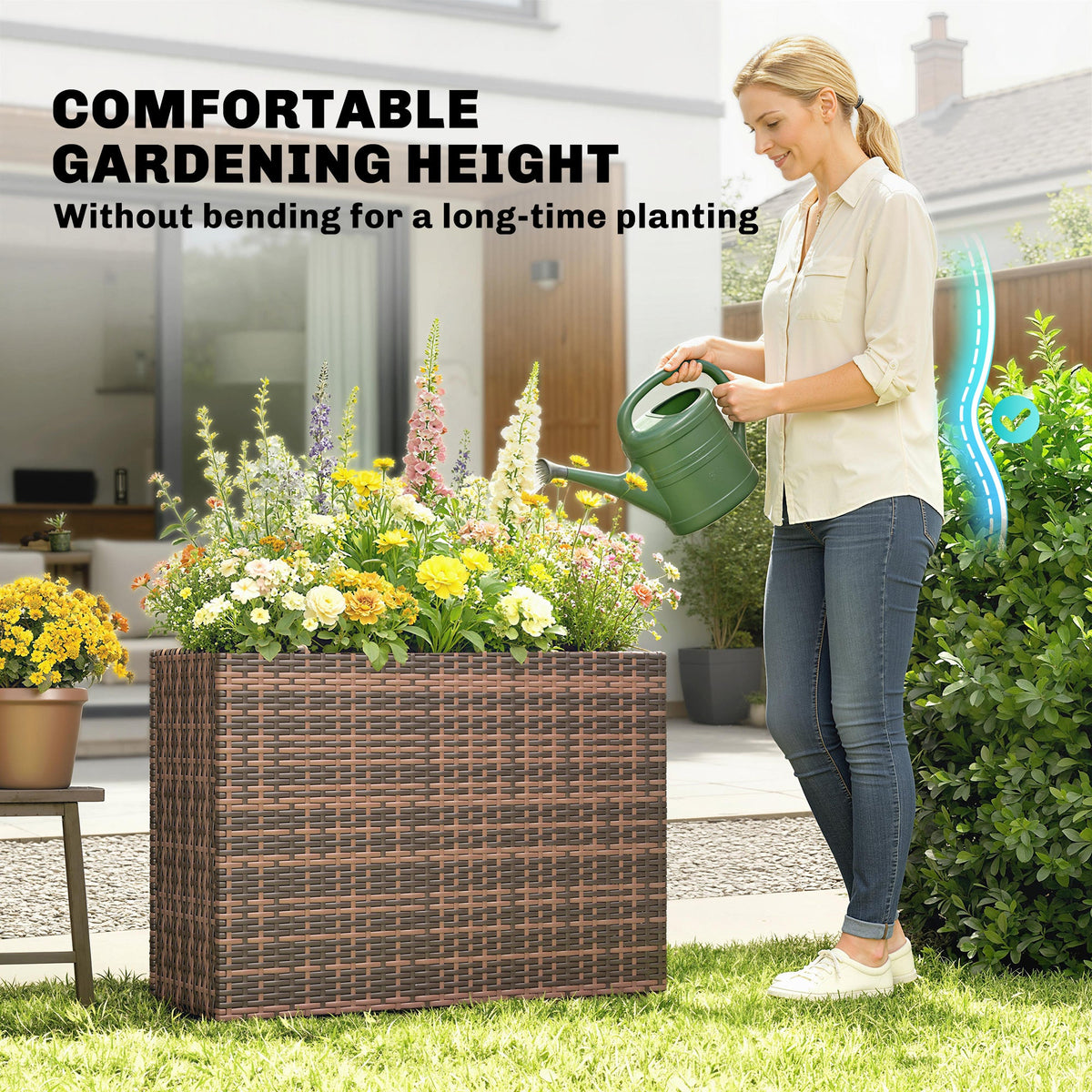 Tall Rectangular Planter with Removable Liner, Holes, PE Wicker Large Planter Box for Indoor Outdoor Plants, Brown